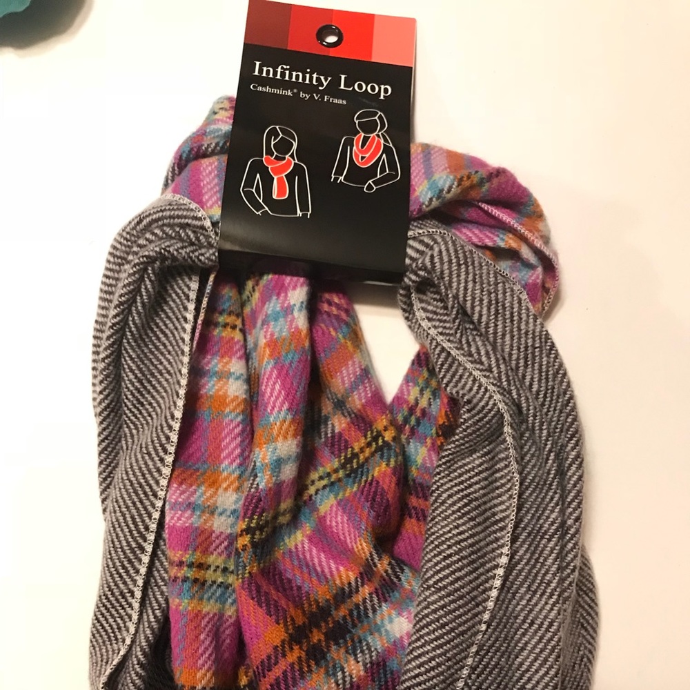Cashmink infinity loop plaid scarf.